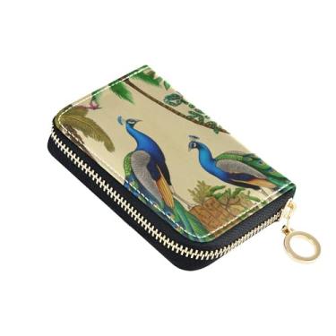 Imagem de Carteira feminina de couro com bloqueio de RFID, porta-cartões de crédito, zíper ao redor do zíper, porta-moedas com chaveiro, colorido, vintage, pássaro azul