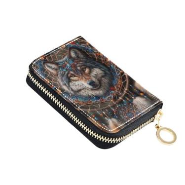 Imagem de Carteiras de cartão de crédito com bloqueio de RFID, carteira feminina de couro masculina com bolso para moedas, estilo boho, apanhador de sonhos de lobo