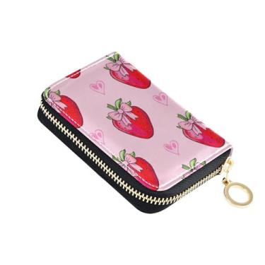 Imagem de Carteiras femininas fofas com bloqueio de RFID, carteira masculina pequena de couro com bolso para moedas, rosa, morangos, laços, corações