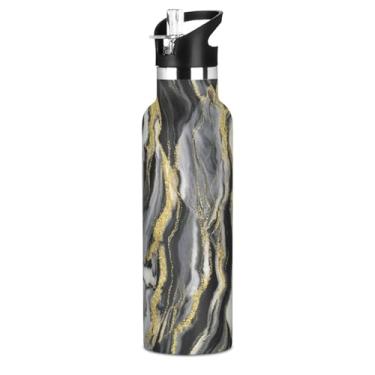 Imagem de Joisal Garrafas de água estéticas chiques douradas pretas para meninos e crianças, garrafa de água isolada à prova de vazamento, copos infantis de aço inoxidável com tampa de canudo para bebidas