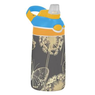 Imagem de Gold Butterflies Dandelion Black Art Garrafa de água infantil de plástico portátil de 473 ml com tampa de canudo 473 ml Copo infantil Tritan à prova de vazamento reutilizável, alça de transporte