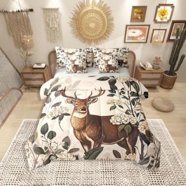 Imagem de Erosebridal Conjunto de cama elegante de veado, 7 peças, para mulheres, meninas, animais selvagens, conjunto de edredom com lençóis, tamanho Queen, artístico, alce, alce, chifres em uma bolsa, ramos