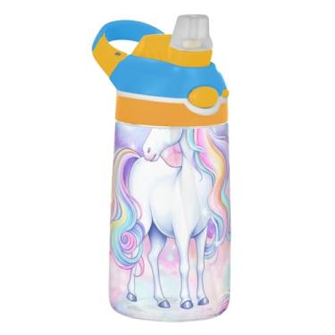 Imagem de Garrafa de água infantil Tritan de 473 ml, reutilizável, 473 ml, com copo infantil portátil à prova de vazamento, alça de transporte, unicórnio branco colorido peculiar