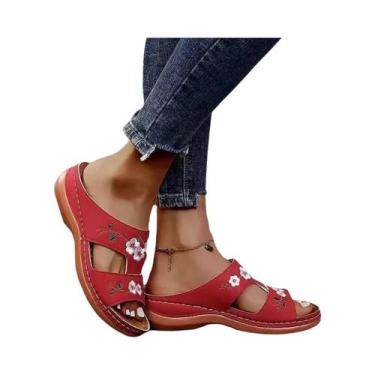 Imagem de Chinelos De Couro Bordados Femininos Para O Verão, Sandálias Casuais D