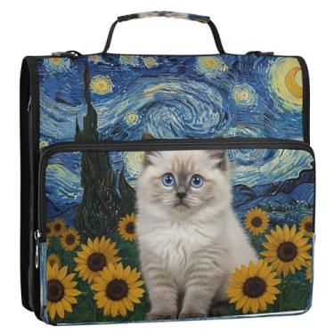 Imagem de Cute Ragdoll Starry Night Cat fichários de 3 cm 3 anéis resistentes com zíper organizador de fichários escolares bolsa com alça de ombro pasta rosa para portfólio de armazenamento com alça