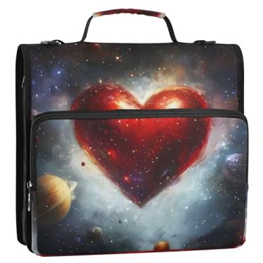 Imagem de Fichário com 3 anéis de desenho animado, anel D de 3 cm, fantasia, coração cósmico, universo, brilhante, organizador com zíper, comporta 500 folhas, bolsa escolar com alça de ombro