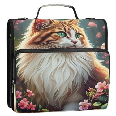 Imagem de Fichários fofos de gato marrom colorido de 3,8 cm, 3 anéis, fichário com zíper, fichário organizador, com alça, bolsa escolar colorida, portfólio e estojo para pasta de anel