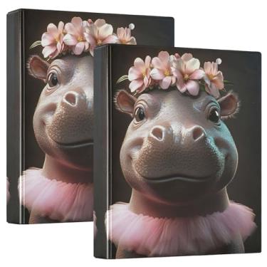 Imagem de Fichários de balé personalizados e elegantes com coroa de flores de hipopótamo, 3 polegadas, 3 anéis, 200 folhas, caderno, fofo, redondo, agenda, 31,5 x 27 x 6 cm, pacote com 2
