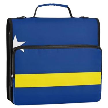 Imagem de Bandeira de Curaçao, retangular, com 3 anéis, anel D de 3,8 cm, organizador de fichários escolares com alça de ombro, pasta de portfólio de armazenamento com alça de ombro com alça