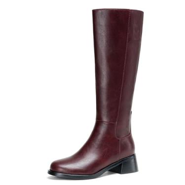 Imagem de LanreyTaley Botas femininas de couro, cano alto, salto baixo, bico redondo, zíper lateral, botas longas, Puburgundy, 38