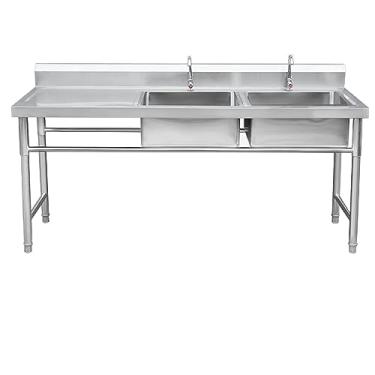 Imagem de Pia de cozinha de restaurante comercial com tigela dupla de aço inoxidável independente, pia utilitária com bancada de trabalho, pia comercial de 2 compartimentos com torneira e dreno (175 cm, )