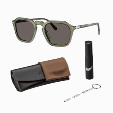 Imagem de Persol Óculos de sol quadrados PO3292S com kit oficial de óculos, Armação verde transparente | Lente cinza escuro