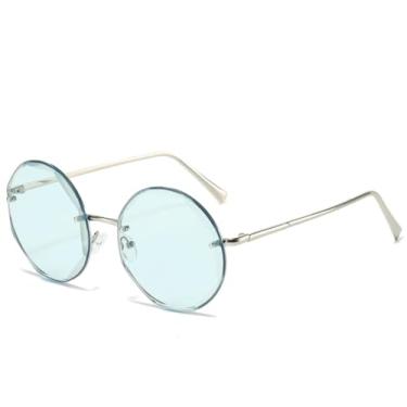 Imagem de HPIRME Óculos redondos vintage de metal, unissex, com armação sem aro, proteção UV400 (prateado e azul).