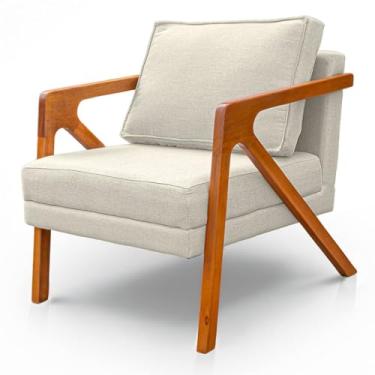 Imagem de Poltrona com Braços em Madeira Maciça para Sala e Quarto - Estofada em Linho, Conforto Premium, Design Moderno-Rústico(Linho Bege)