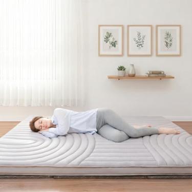 Imagem de ZonLi Colchão futon japonês extra grosso, acolchoado listrado vintage, tamanho completo, almofada de dormir portátil para adultos