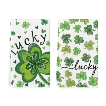 Imagem de Artoid Mode Lucky Clover Shamrock Toalha de prato de cozinha Dia de São Patrício, 45 x 66 cm, decoração de casa de fazenda, conjunto de limpeza com 2