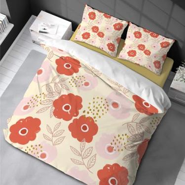 Imagem de Conjunto de capa de edredom de flor amarela King conjunto de cama de 3 peças floral rosa com fecho de zíper laços de canto durável 220 x 240 cm -80 x 80 cm * 2