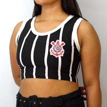Imagem de Camisa Corinthians Cropped Bordado Listrado - Feminino, GG, Preto, Bra