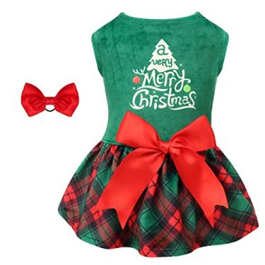 Imagem de CuteBone Vestido de veludo para cães de árvore de Natal para cães pequenos vestidos de filhotes de menina verde xadrez roupas para cães CVA05S-D