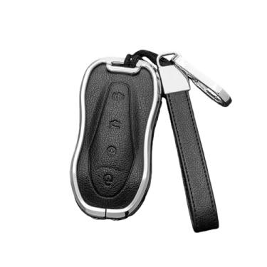 Imagem de Liga + couro carro remoto chave caso capa compatível com geely azkarra tugella fy11 2019 2020 atlas pro emgrand gs x6 suv ec7 estilo(Silver Black)