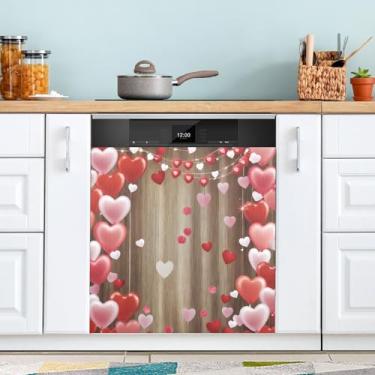 Imagem de ATTX Capa magnética de lava-louças coração vermelho rosa | Adesivo decorativo de eletrodomésticos de 58,4 x 66 cm para armários domésticos e eletrodomésticos #140