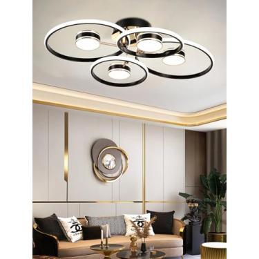 Imagem de Luminária de teto LED preta com design moderno em anel redondo, dimerizável e com controle remoto, ideal para salas de estar, quartos e salas de jantar (4 lâmpadas).