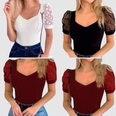 Imagem de Kit 4 Body Blusa Feminina Manga Curta Bufante Tule Poa Luxo Lançamento