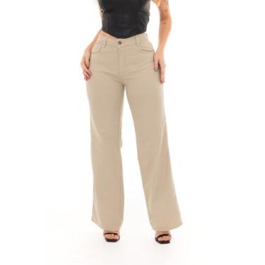 Imagem de Calça Wide leg Feminina Jeans Bege Caqui tendência Pantalona Lançament