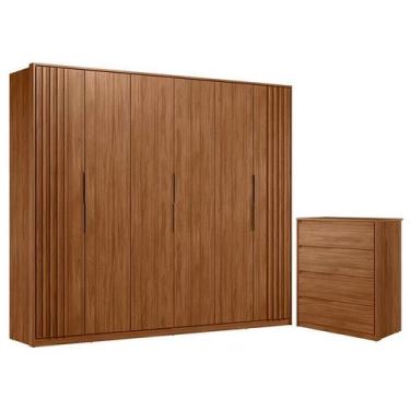 Imagem de Cômoda Atria 4 Gavetas e Guarda Roupa Casal Ripado Atrice Nogueira Tou