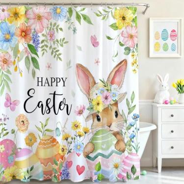 Imagem de Mocsicka Cortina de chuveiro coelhinho da páscoa ovos de páscoa primavera floral coelho fofo cortina de chuveiro de tecido impermeável primavera férias cortinas de chuveiro decoração de banheira com