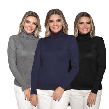 Imagem de Kit 3 Blusa Tricot Feminina Gola Alta Cacharrel Manga Longa Inverno 20