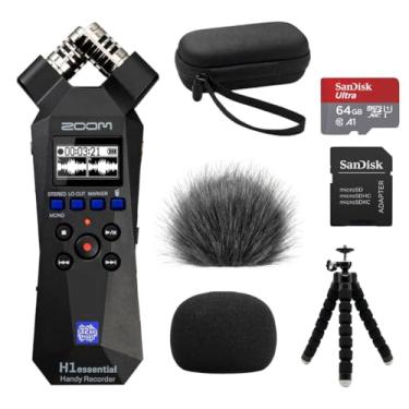 Imagem de Zoom Kit de gravador prático H1essential com cartão microSD ultra de 64 GB e adaptador, acessórios 99KOLB (estojo de EVA, conjunto de para-brisas peludos e espuma, tripé polvo)
