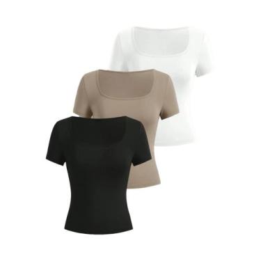 Imagem de Camiseta Feminina De Malha De Manga Curta Com Gola Quadrada, Ajuste Sl