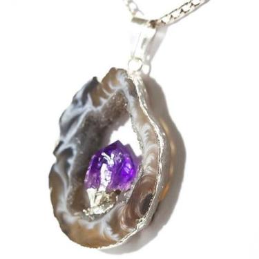 Imagem de Colar Chapa Geodo com Pontinha Fixa Ametista Banho Prateado - Cristais