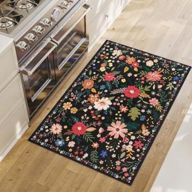 Imagem de Tapete lavável de 5 x 7 cm para entrada, tapete floral macio para área pequena, tapete antiderrapante para entrada interna, tapete de flor baixa para quarto, cozinha, lavanderia, banheiro, preto