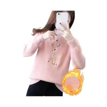 Imagem de Suéter Feminino Com Estampa De Cervo, Gola Alta, Manga Longa, Pulôver 
