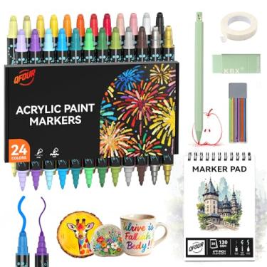 Imagem de QFOUR Art Supplies, conjunto de marcadores de acrílico de 24 cores com bloco de marcadores, marcadores de tinta fina e ponta de pontos para madeira, rocha, vidro e cerâmica, marcadores de acrílico