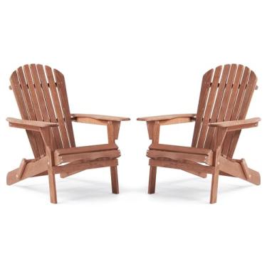 Imagem de Cadeira Adirondack dobrável de madeira para ambientes externos, com 2 unidades, madeira de eucalipto com acabamento escovado, espreguiçadeira para jardim, quintal, piscina, deck, fogueira