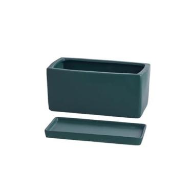 Imagem de KHUTRW3D Vaso de cerâmica retangular com bandeja escandinavo simples suculenta verde escritório mesa perfurado pequeno vaso vaso interno e externo (verde escuro com bandeja, grande)