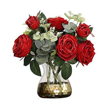 Imagem de YWangQiang Flores Artificiais Rosa Vermelha Flor Artificial com Vaso de Vidro Conjunto de Flores Falsas Flores Falsas e Folha Verde Flor de Seda para Decoração de Casa Plantas Artificiais