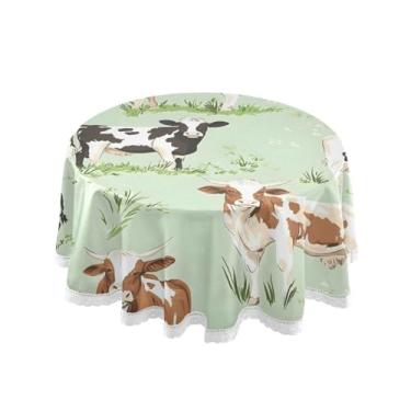 Imagem de Qilmy Toalha de mesa redonda de palmeira de treliça verde, 152 cm, resistente à água, à prova de derramamento, capa de mesa grande para jantar de reunião de família em ambientes internos e externos