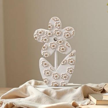 Imagem de Sintosin Decorações de mesa vintage pequenas e fofas flores de madeira para sala de jantar 12 x 20 cm, estatueta de mesa de centro floral rústica branca envelhecida feita à mão para sala de estar