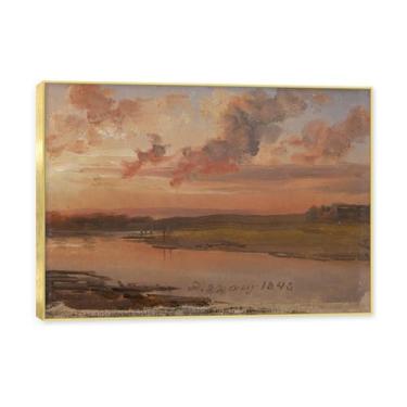 Imagem de Moldura dourada. Reprodução de arte famosa de J.C. Dahl, arte em tela de paisagem romântica nórdica, decoração de parede elegante para sala de estar, escritório, pronto para pendurar. (O Elba à noite