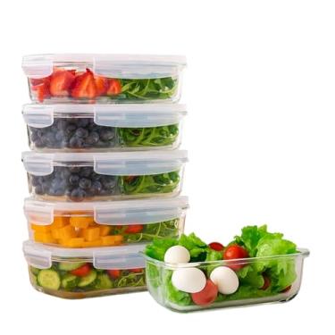 Imagem de Kit 5 Potes de Vidro Retangular com Tampa Hermética 640 ml – Vidro Temperado, Trava Antivazamento, Livre de BPA, Ideal para Marmitas e Organização