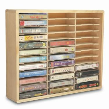 Imagem de Rack de armazenamento de fita cassete suporte de madeira, suporte de parede/organizador de cassete de áudio independente para fitas e armazenamento de cartas de baralho (médio)