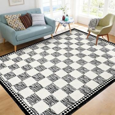 Imagem de Lacomfy Tapete xadrez xadrez moderno de búfalo 1,5 x 1,8 m de zebra para quarto, sala de estar, escritório, tapete branco e preto, design geométrico abstrato listrado e quadriculado, decoração de