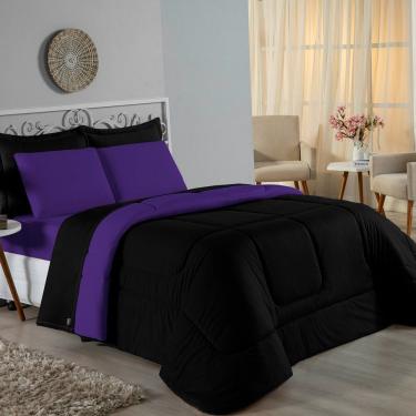 Imagem de Kit Edredom Dupla Face + Jogo De Lençol Queen Nobre 7 Peças Malha 100% Algodão - Preto / Roxo