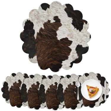 Imagem de Conjunto de 6 jogos americanos de vinil de vaca 33 cm de couro sintético de vaca ocidental recortado à prova d'água tapetes de mesa resistentes ao calor para mesa de cowboy ocidental decoração de