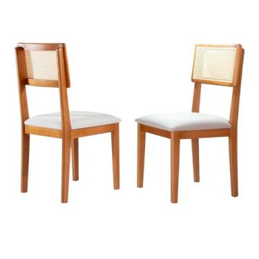 Imagem de Kit 2 Cadeiras de Jantar Estofada de Madeira com Encosto em Rattan - Holanda (Linho Cru Off White)