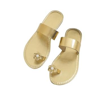 Imagem de GORGLITTER Sandália feminina de dedo do pé metálico 3D flor aberta sandália deslizante casual verão chinelo, Dourado, 39